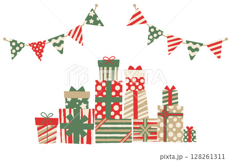 山積みのプレゼントボックスとガーランドのベクターイラスト 山積みのプレゼントボックスとガーランドのベクターイラスト 128261311