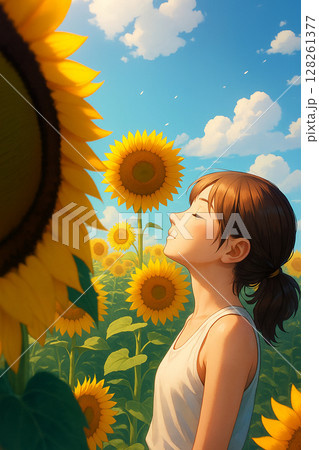ひまわりを見上げる少女懐かしい夏1 128261377