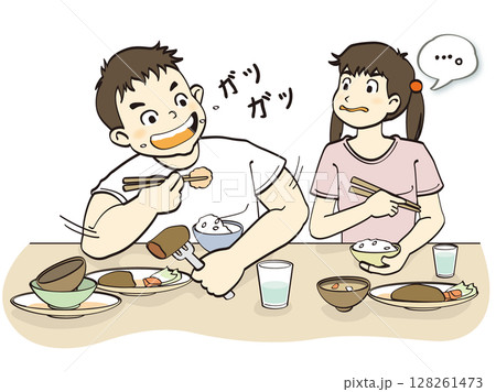 給食のご飯をガツガツ食べる大食いな男の子 給食のご飯をガツガツ食べる大食いな男の子 128261473