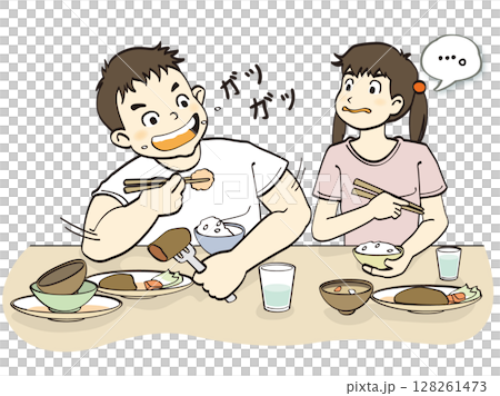 給食のご飯をガツガツ食べる大食いな男の子 給食のご飯をガツガツ食べる大食いな男の子 128261473