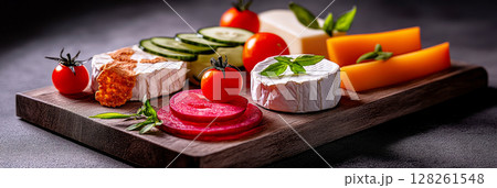 Delicious breakfast board with a variety of cheeses, meats, and fresh vegetables served on a wooden platter 128261548