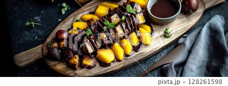 Breakfast boards showcase delicious fruits and chocolate treats on a rustic wooden platter during a morning gathering 128261598