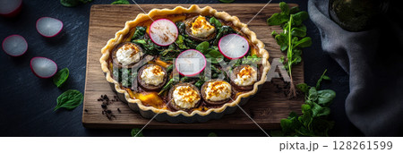Savory spinach tarts are beautifully plated on dark plates, garnished with fresh radish slices. This seasonal breakfast showcases vibrant flavors and textures, banner 128261599