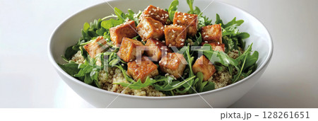 A nutritious breakfast bowl showcases fluffy quinoa topped with seasoned sesame tofu, fresh arugula, and cherry tomatoes, presented on a stylish countertop, banner 128261651