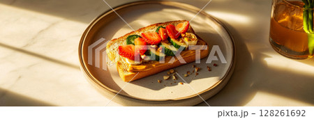 A vibrant sandwich features layers of strawberries, cucumbers, and nuts on toasted bread. This delightful treat is placed on a stylish plate in a sunlit kitchen setting, banner 128261692