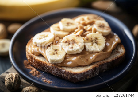 Delicious breakfast toasts feature creamy nut butter, perfectly sliced bananas, and plump blueberries, garnished with a sprinkle of cinnamon in a warm, inviting kitchen 128261744
