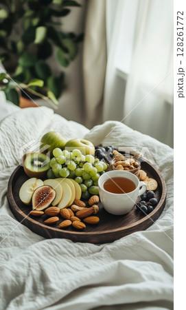 Delightful breakfast board featuring fresh fruits, nuts, and tea served in a cozy setting 128261772