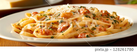 A bowl of traditional Italian pasta awaits on a wooden dining table. It features light cream sauce, herbs, and grated cheese, inviting a genuine culinary experience in Italy, banner A bowl of traditional Italian pasta awaits on a wooden dining table. It features light cream sauce, herbs, and grated cheese, inviting a genuine culinary experience in Italy, banner 128261780
