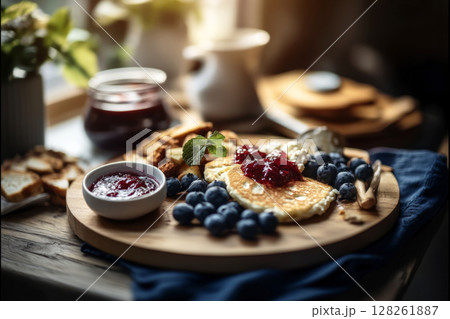A stunning breakfast board with golden pancakes, fresh blueberries and raspberries, and colorful jam in a sunlit kitchen creates a warm, inviting morning vibe 128261887