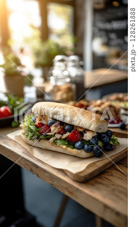 A beautifully arranged breakfast with gourmet sandwiches filled with chicken, fresh greens, and colorful salads. The cozy cafe atmosphere enhances the meal's appeal 128261888