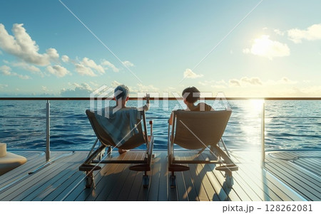 夫婦が海を見ながら船旅を楽しむ 夫婦が海を見ながら船旅を楽しむ 128262081