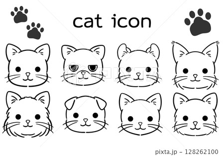 シンプルな猫の顔のイラストセット 白黒 シンプルな猫の顔のイラストセット 白黒 128262100