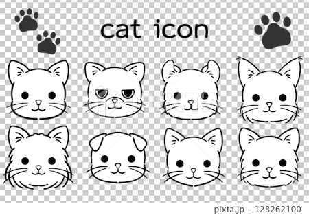 シンプルな猫の顔のイラストセット 白黒 シンプルな猫の顔のイラストセット 白黒 128262100