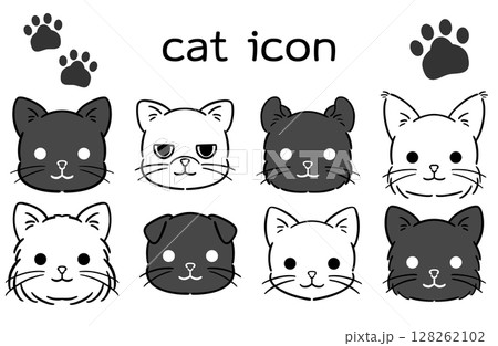 シンプルな猫の顔のイラストセット　白黒 128262102