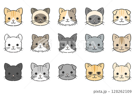 バリエーション豊かなシンプルな猫の顔のイラストセット 128262109