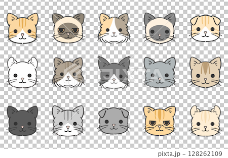 バリエーション豊かなシンプルな猫の顔のイラストセット 128262109