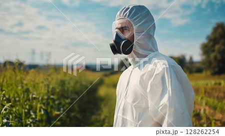 Man in Protective Suit and Gas Mask in Agricultural Field Scene Man in Protective Suit and Gas Mask in Agricultural Field Scene 128262254