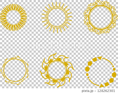 Fantasy circle frame illustration of the sun, flames and swords 128262301