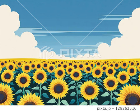 青空と白い雲に映えるひまわり畑のイラスト 128262316
