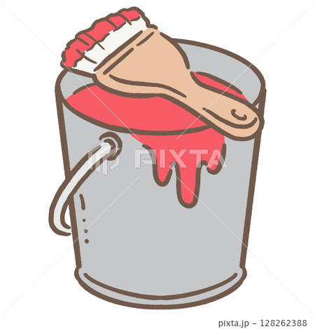 ペンキの入ったバケツと刷毛_茶線_赤  128262388