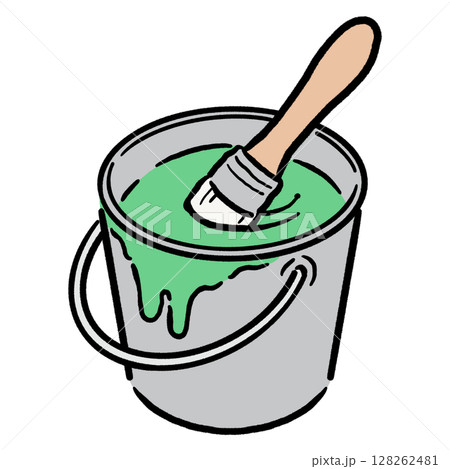 バケツの中に入ったペンキと刷毛_緑 128262481