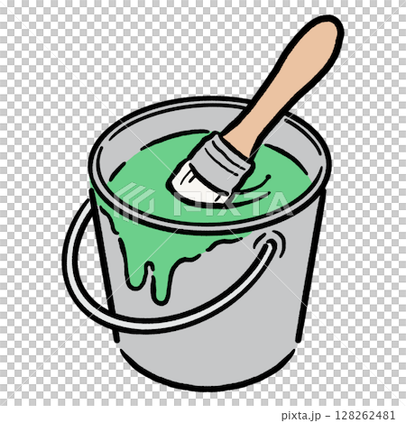 桶子裡的油漆和刷子_綠色 128262481