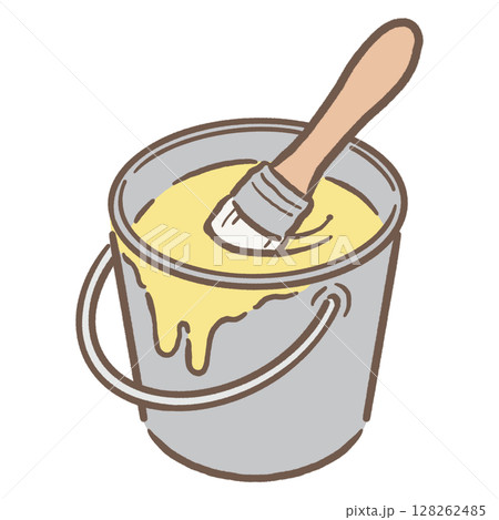 バケツの中に入ったペンキと刷毛_茶線黄色  128262485