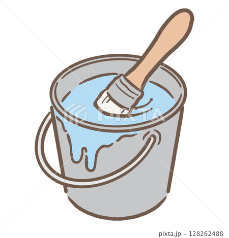 バケツの中に入ったペンキと刷毛_茶線水色 バケツの中に入ったペンキと刷毛_茶線水色 128262488
