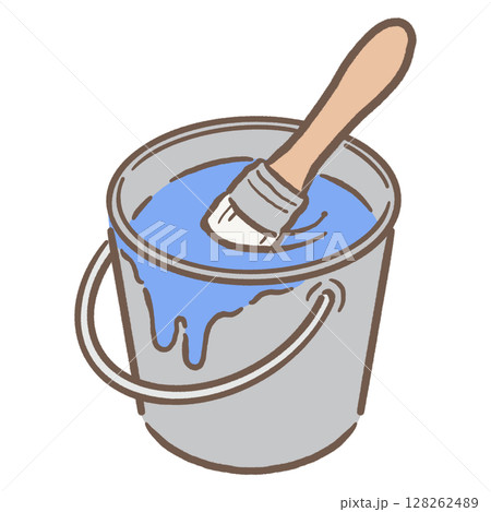 バケツの中に入ったペンキと刷毛_茶線青 バケツの中に入ったペンキと刷毛_茶線青 128262489