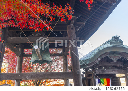 秋の京都　本願寺北山別院　紅葉に包まれた山門と鐘楼 128262553