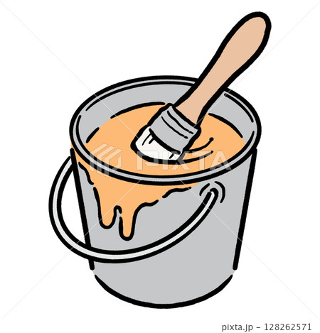 バケツの中に入ったペンキと刷毛_オレンジ 128262571