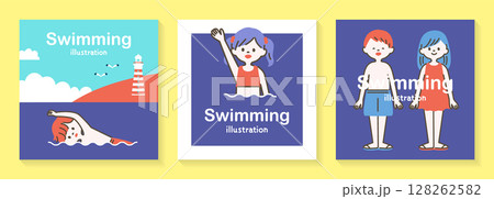 海と水着の子どもたちのイラストセット_2 海と水着の子どもたちのイラストセット_2 128262582