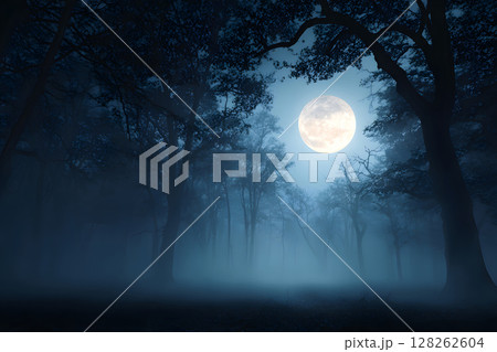 Atmospheric Halloween background with moonlight and misty trees. Ideal for posters, party flyers, or horror-themed designs. 128262604