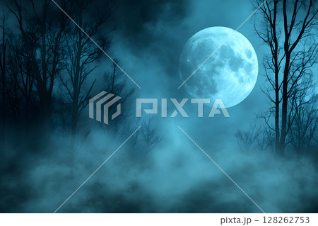 Atmospheric Halloween background with moonlight and misty trees. Ideal for posters, party flyers, or horror-themed designs. 128262753