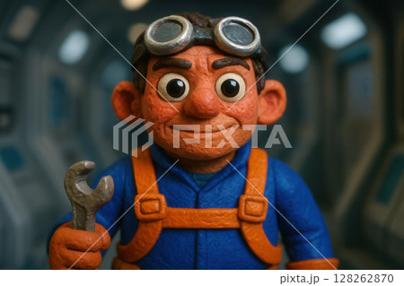 Cheerful Claymation Space Mechanic Holding Wrench Inside Retro Sci-Fi Corridor 128262870