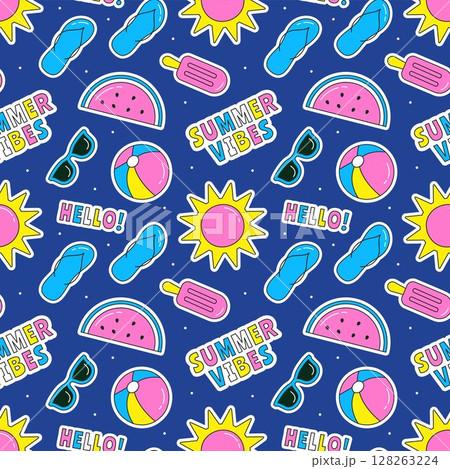Tropical Summer Seamless Pattern with Beach Elements in a Flat Cartoon Style Illustration 128263224