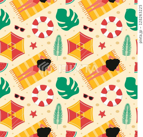 Tropical Summer Seamless Pattern with Beach Elements in a Flat Cartoon Style Illustration 128263225