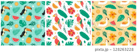 Tropical Summer Seamless Pattern with Beach Elements in a Flat Cartoon Style Illustration 128263228