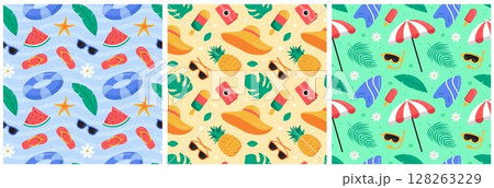 Tropical Summer Seamless Pattern with Beach Elements in a Flat Cartoon Style Illustration Tropical Summer Seamless Pattern with Beach Elements in a Flat Cartoon Style Illustration 128263229