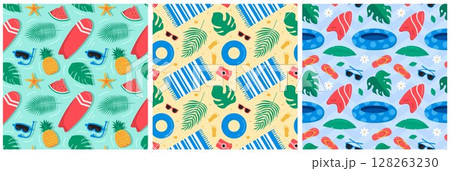 Tropical Summer Seamless Pattern with Beach Elements in a Flat Cartoon Style Illustration Tropical Summer Seamless Pattern with Beach Elements in a Flat Cartoon Style Illustration 128263230