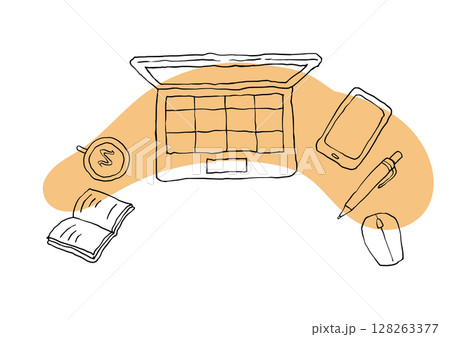 ワークスペースの俯瞰イラスト（ノートパソコンとスマホ・ノート・ペン） 128263377