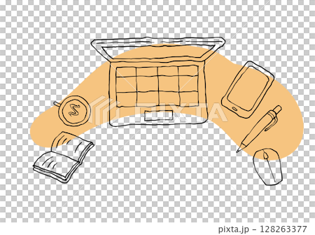 Aerial view of a workspace (laptop, smartphone, notebook, pen) 128263377