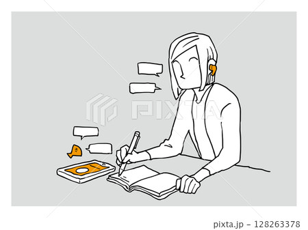 オンライン通話中の女性とタブレット 128263378