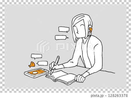 オンライン通話中の女性とタブレット 128263378