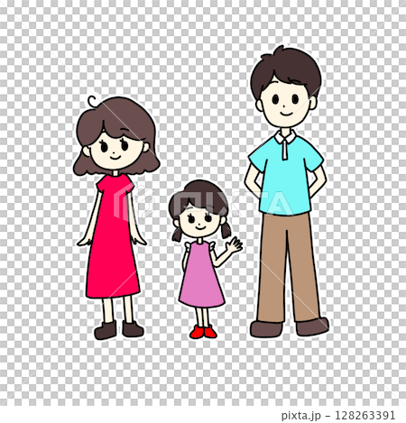 笑顔で立っている夫婦と娘の3人家族 笑顔で立っている夫婦と娘の3人家族 128263391