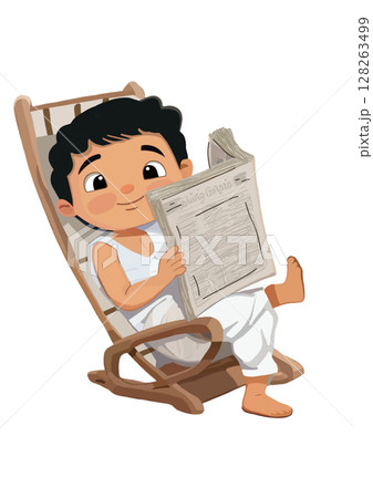 Cute illustration of traditional, hindu boy or man wearing dhoti, reading, newspaper, relaxed 128263499