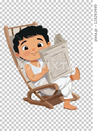 Cute illustration of traditional, hindu boy or man wearing dhoti, reading, newspaper, relaxed 128263499
