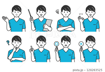 いろいろな表情･ポーズをする男性看護師･医師･技師のセット【人物ベクターイラスト素材】 128263525
