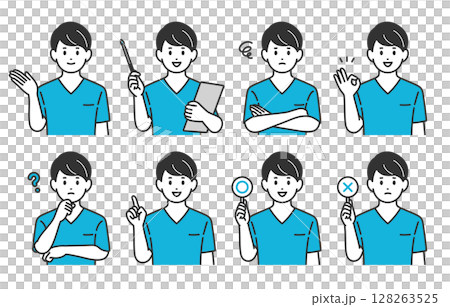 いろいろな表情･ポーズをする男性看護師･医師･技師のセット【人物ベクターイラスト素材】 128263525