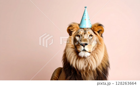 Lion Wearing Party Hat on Pink Background 128263664